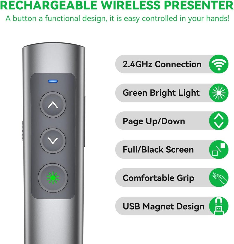 PPTSLID Metallic Presentation Clicker Presenter Remote - Rechargeable Wireless Presenter with Green Laser Pointer, 2 in 1 USB Clicker for PowerPoint & Google Slides, Compatible with MacBook/PC - Image 2